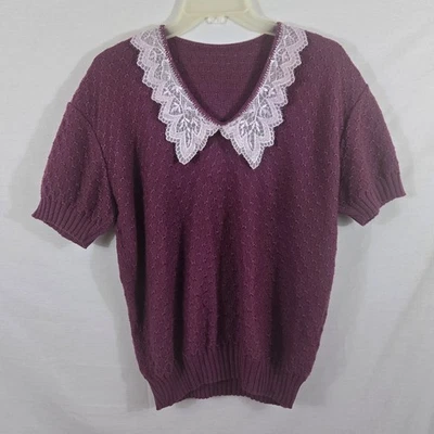 Suéter Cuello Encaje Pointelle Borgoña Vintage Años 80 Medidas Grande/XL **SIN ETIQUETAS** Foto 1 de 4