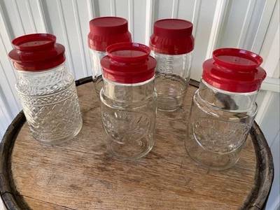 5 frascos de vidrio de colección Anchor Hocking 1776 tapa roja y frascos medidores de 32 OZ 1970 Foto 1 de 4