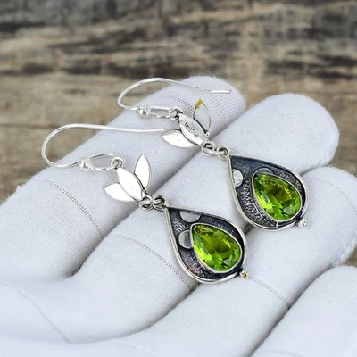Peridot Gemstone Earrings 925 Sterling Silver Handmade Jewelry For Wadding Gift - Image 1 of 4