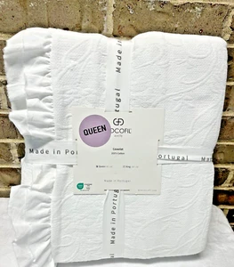 DOCOFIL White QUEEN 100% Cotton Matelasse RUFFLE EDGE Vine Coverlet Portugal NEW - Picture 1 of 8