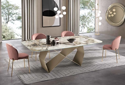 TAVOLO FISSO 210x110 PIANO IN CERAMICA EFFETTO MARMO O IN VETRO MARTELLATO KARL - Immagine 1 di 4