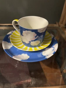 Cath Kidston Vintage Sunshine & Clouds Bone China Cup & Saucer Trio Yellow/Blue - Picture 1 of 7