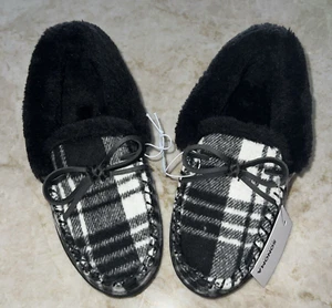 Sonoma Goods For Life Slippers Black & White Plaid Womens XS ( 5-6) Faux Fur - Picture 1 of 6