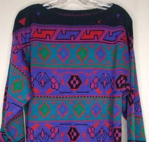 Nuevo suéter de acrílico multi geométrico brillante años 80 Easton Park para mujer talla L - Imagen 1 de 6