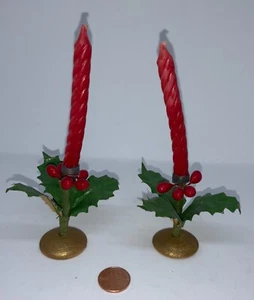PAIR VINTAGE MINIATURE HOLLY CHRISTMAS CANDLEHOLDERS - Picture 1 of 12