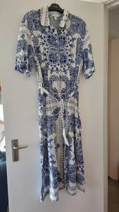 H&M Linen Blend Blue White Paisley Print Shirt Button Up Dress M Medium - Picture 1 of 11
