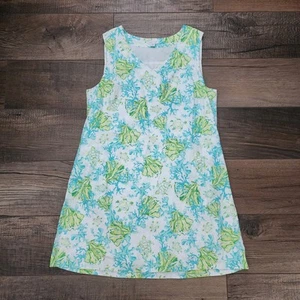 J Jill Love Linen Aqua Green Shift V Neck Dress L Petite Sea Turtle Coral Print - Picture 1 of 8