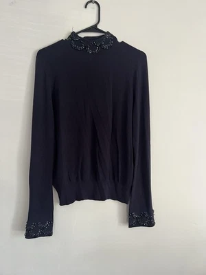 Suéter Ann Taylor Azul Marino Tejido Negro Lentejuelas Cuentas Cuello Simulado Mujer Grande Foto 1 de 4