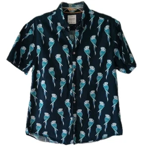 Mens Parakeet Bird Button Front Shirt Large Blue Short Sleeve Casual Cotton Slim - Picture 1 of 4