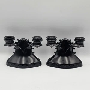 Vintage Black Amethyst Candleholder Pair LE SMITH Mt Pleasant Black Glass - Picture 1 of 7