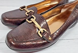 Anne Klein Faux Croc Brown Gold Slip On Loafer Shiny Shoes Womens 8.5m - Picture 1 of 23