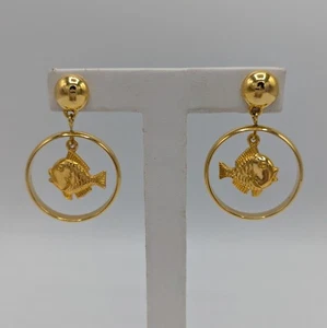 Dangling Fish In Rotating Hoop Pierced Drop Earrings Gold Tone Stud - Picture 1 of 17