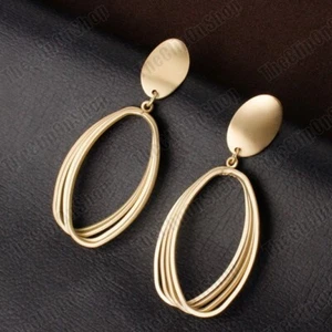 CLIP ON EARRINGS oval HOOP vintage style retro big hoops MATT GOLD non-pierced - Picture 1 of 5