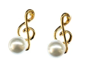 Clef Pearl Studs Treble Clef Music Miniblings Plug Golden - Picture 1 of 5