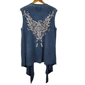 Cowgirl Legend Gray Waffle Rhinestone Bling Long Open Front Cardigan Vest Sz XL - Picture 1 of 5