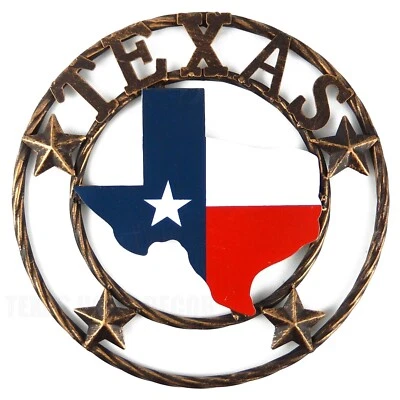 Metal Texas Map Flag With Stars Ring Wall Decor Brushed Copper Finish 12 inch - Image 1 of 4
