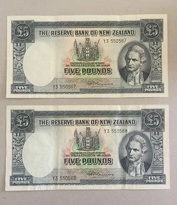 NEW ZEALAND CONS PAIR OF FIVE POUND1955-1967 FLEMING EF Y3 550567 - Y3 550568 - Picture 1 of 2