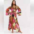 Asos Design Glam Off Shoulder Maxi Beach Kimono In Scarf Print