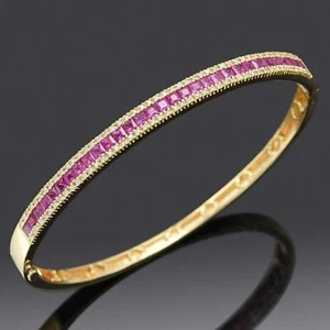 5.50Ct Princess Cut Lab Created Ruby Bangle Bracelet 14K Yellow Gold Plated - Picture 1 of 8