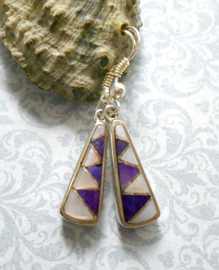 Sajen Sterling Silver ZigZag Inlaid Charoite Mother of Pearl Earrings   42BB27 - Image 1 of 4