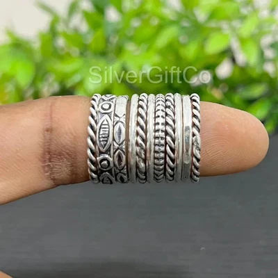 925Sterling Silver Stackable Ring Set: Beaded, Twisted, Engraved Bands  All Size - Image 1 of 4