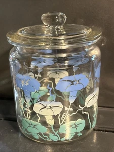 Vintage Morning Glory Klarglas Deckeldose, blau/grün/weiß, 5" hoch, hübsch! - Bild 1 von 6