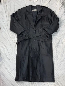 Vintage 90s Women Comint Black Leather Longline Trench Coat Size Large Oversized - Picture 1 of 13