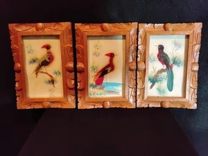 3 VINTAGE MEXICAN BIRD FEATHER ART FRAMED PICTURES - Picture 1 of 7