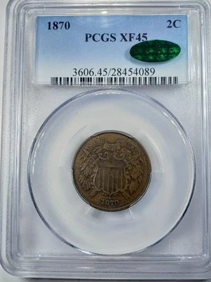 1870 Two 2 Cent Piece PCGS & CAC XF45 Semi-Key Date - Image 1 of 4