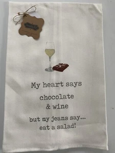 Mud Pie MY HEART SAYS CHOCOLATE & WINE... Novelty Kitchen Dish Towel 26"x16" - Picture 1 of 2
