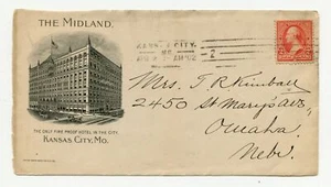 1902 Werbeabdeckung nur vorne Midland Hotel Kansas Missouri rot 2 Cent Washington - Bild 1 von 3