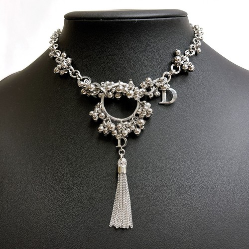 Dior CD Argento Nappa Collana Logo Charm Perline Lusso Vintage Frangia GIAPPONE