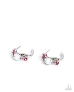 Paparazzi Borderline Bloom - Pink - Rhinestones - Resin Rose - Hoop Earrings 1" - Picture 1 of 2