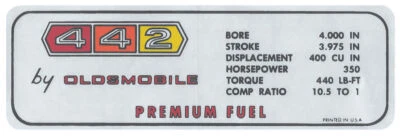 442 Valve Cover Premium Fuel Decal For 1967 Oldsmobile 442 and Cutlass Models - Image 1 of 2