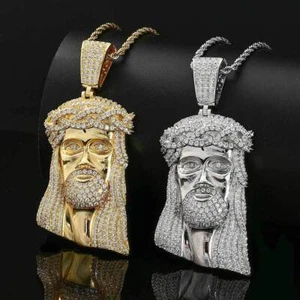Jesus Pendant Necklace Cubic Zircon Real Gold Plated Religious Hip Hop Jewelry - Picture 1 of 12