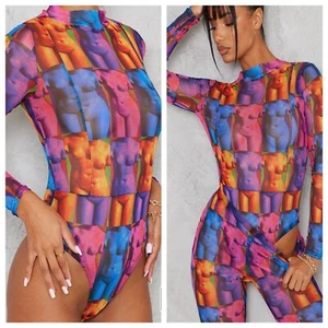 NWT Pretty Little Things Wave Print Mesh Multicolor Bodysuit + Pants Size USA 4 - Imagen 1 de 12