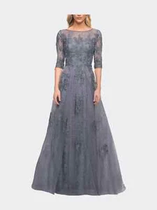 La Femme Slate Blue Shimmer Floral Lace & Tulle Gown Size 20 $619 - Picture 1 of 2