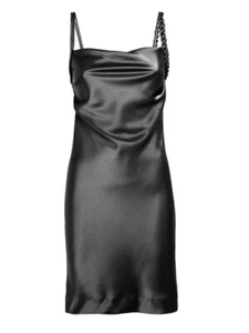House of Harlow schwarz Satin geflochtene Träger Wasserfallausschnitt Slip Minikleid Gr. Large Neu mit Etikett - Bild 1 von 9