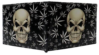 Skull Head Marijuana Weeds Potleaf 420 Leather Bi-Fold Bifold Wallet - Image 1 of 4