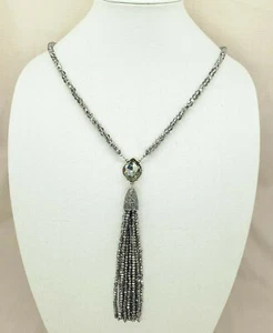 Joan Rivers Crystal Tassel Necklace Smoke Faceted Glass Beads Silver Tone 29" - Picture 1 of 10