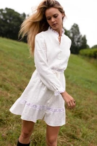 NWT EMERSON FRY Frances Linen Oyster White Lace Long Sleeve Mini Dress Sz S - Picture 1 of 8