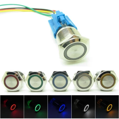 Interruptor de botón pulsador de metal impermeable de 19 mm anillo de luz LED 12V - 24V redondo + enchufe Foto 1 de 4