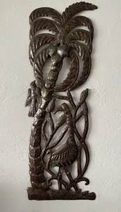 Handcrafted Haitian Metal Folk Art Upcycled Oil Drum Palm Tree Birds 7"w x 20t" - Picture 1 of 4