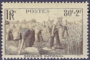 Francia 1941, 80c + 2fr Ayuda Nacional, Segador en la Cosecha de Trigo MNH, Mi 496** - Imagen 1 de 1