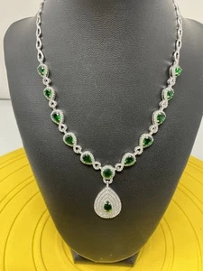 Sterling Silver Genuine Emerald and Crystal Choker Pendant Necklace 28g 18 In - Picture 1 of 10