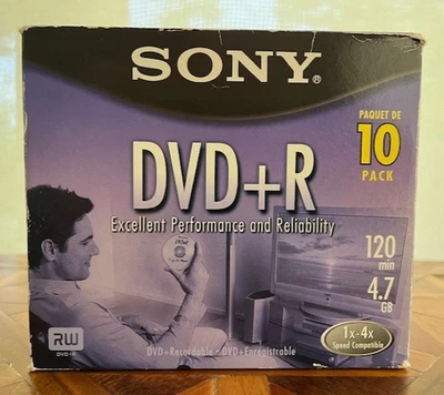 10 New Sony DVD+R Recordable Media Discs 4.7 GB 120 Minutes 4X w/ Jewel Cases - Image 1 of 3
