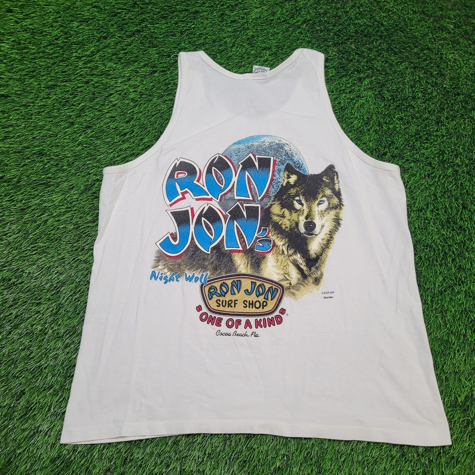 Camiseta sin mangas de colección años 90 Ron Jon "Night Wolf" para hombre L ropa de surf cacao playa Foto 1 de 4
