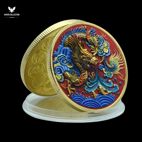 Dragon Color Gold Plated Coins Collectibles Chinese Zodiac Medal in Capsule Cover