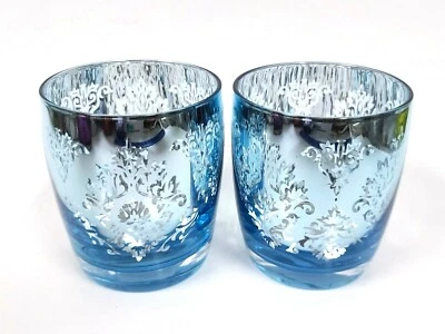 NOVO CONJUNTO DE 2 ARTLAND VIDRO MODA ANTIGA PRATA INTERIOR, AZUL METÁLICO, DESIGN DE DAMASCO - Imagem 1 de 4