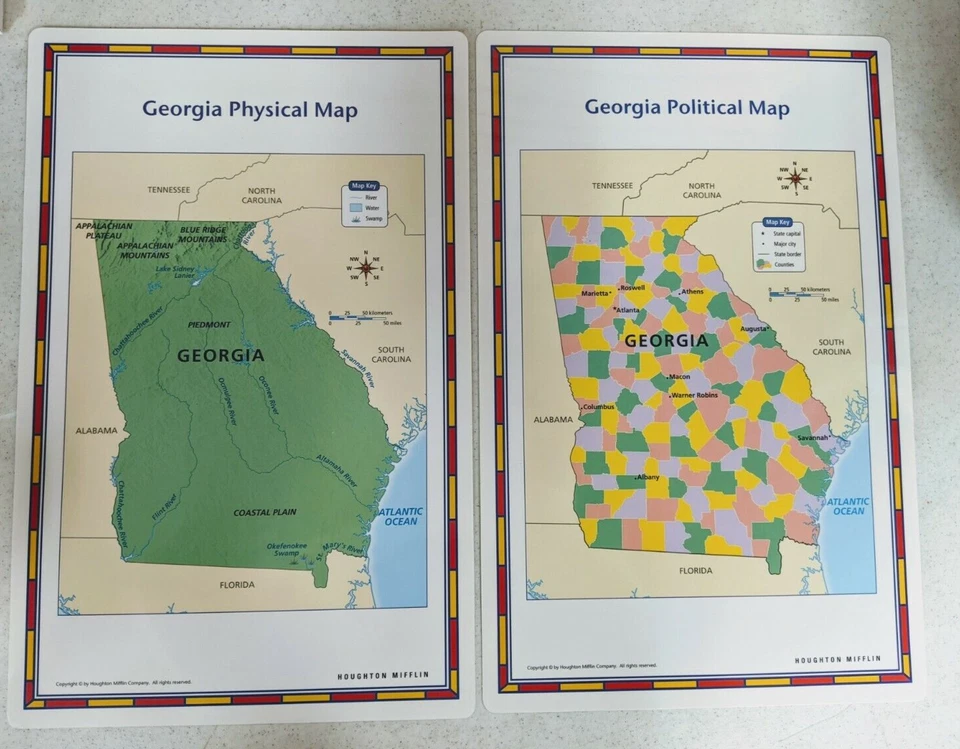 Mapa laminado físico e político GEÓRGIA 2 lados (17" X 11") muito bom estado - Imagem 1 de 1